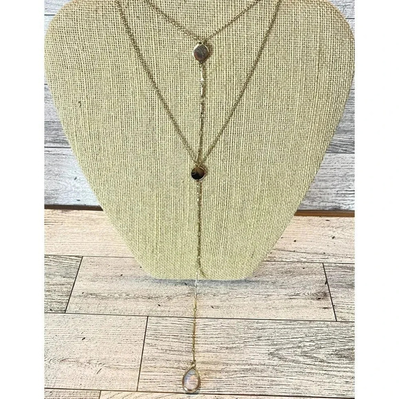 Y Necklace Gold Tone Disk Station Layered Multi Length Chain W/Faux Opal Drop - Picture 1 of 6